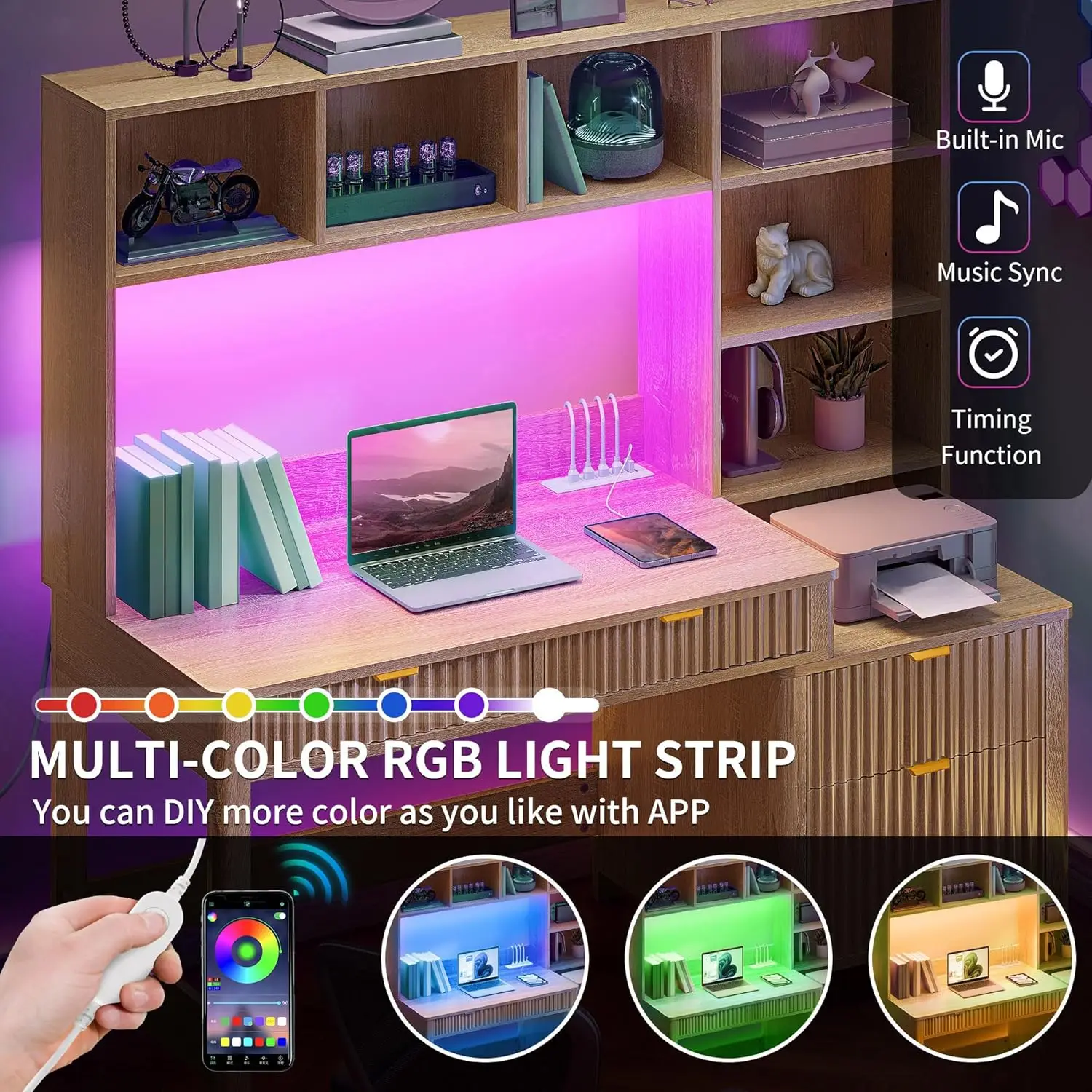 مكتب كمبيوتر مزود بخزانة وأدراج، مكتب مكتب مقاس 55 بوصة مع أرفف تخزين وحامل طابعة، مكتب ألعاب مزود بمنافذ طاقة #5