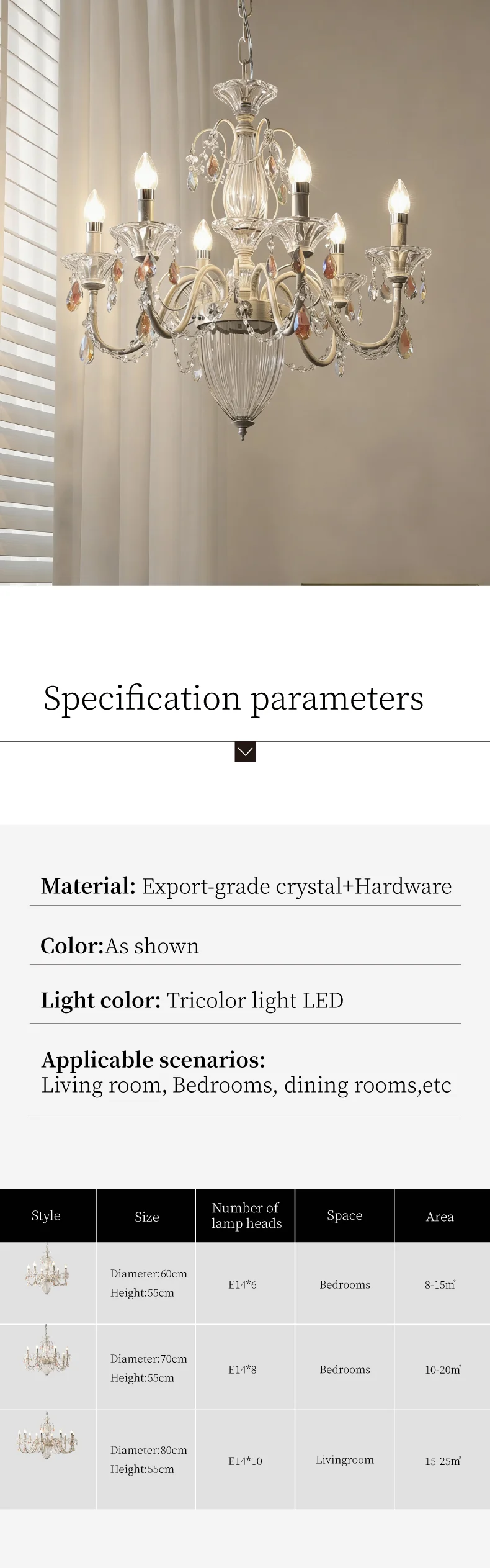 White Candle E14 LED Chandelier French Romantic Crystals