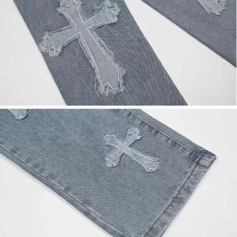 TJ2 Men's Jeans European and American High Street Cross Embroidery Hip-hop Tide Brand Straight Loose Wide-leg Pants Ins Hot Sale