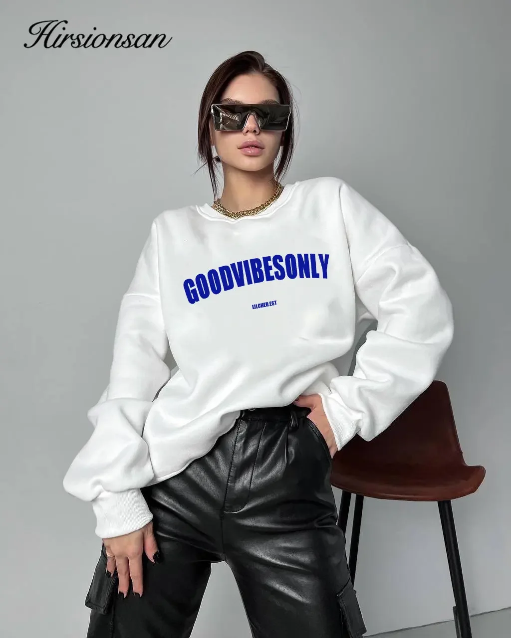 Hirsionsan Letter Print Loose O Neck Sweatshirt Women Korean Casual Pullovers Oversized Warm Loose  Female Sportwear 2023 New