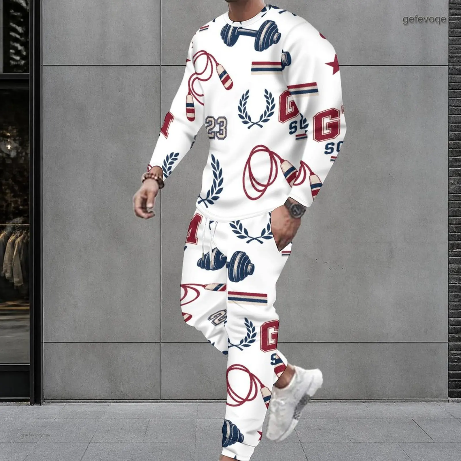 Men Printed Dumbbell Jump Rope Laurel Wreath Motif Round Neck Long Sleeve Top Cuffed Pants Two Piece Set
