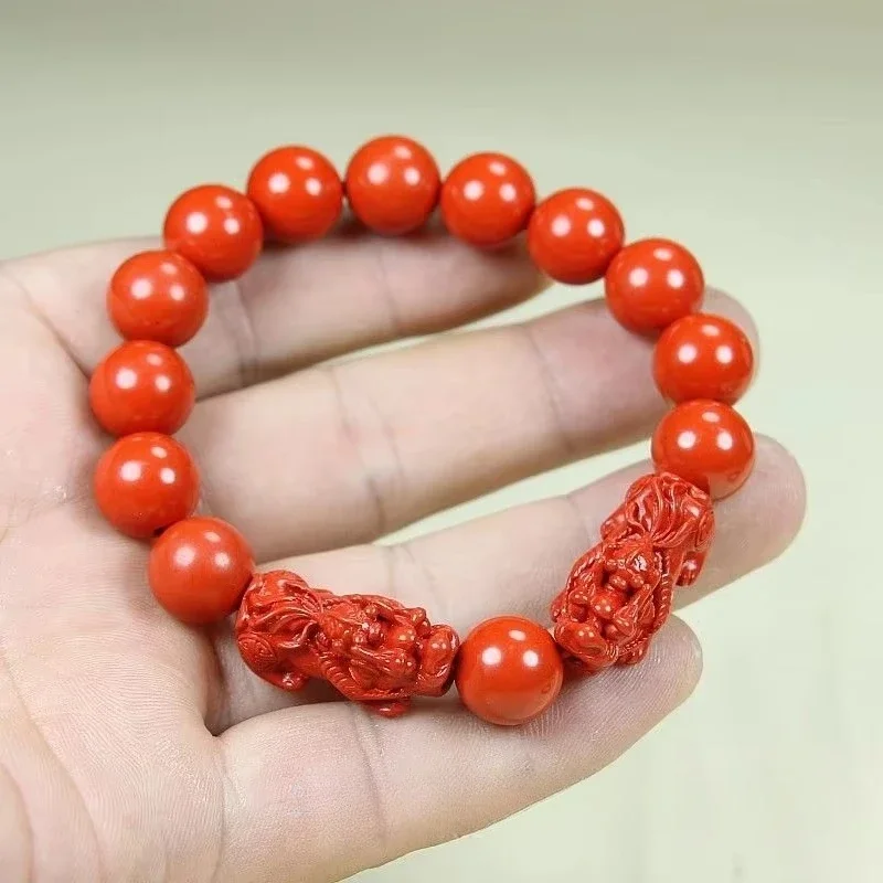 Hand-carved Chinese Natural Cinnabar Jade Lucky Amulet Hand String Fashion Jewelry Men and Women Style Bracelet Accessories