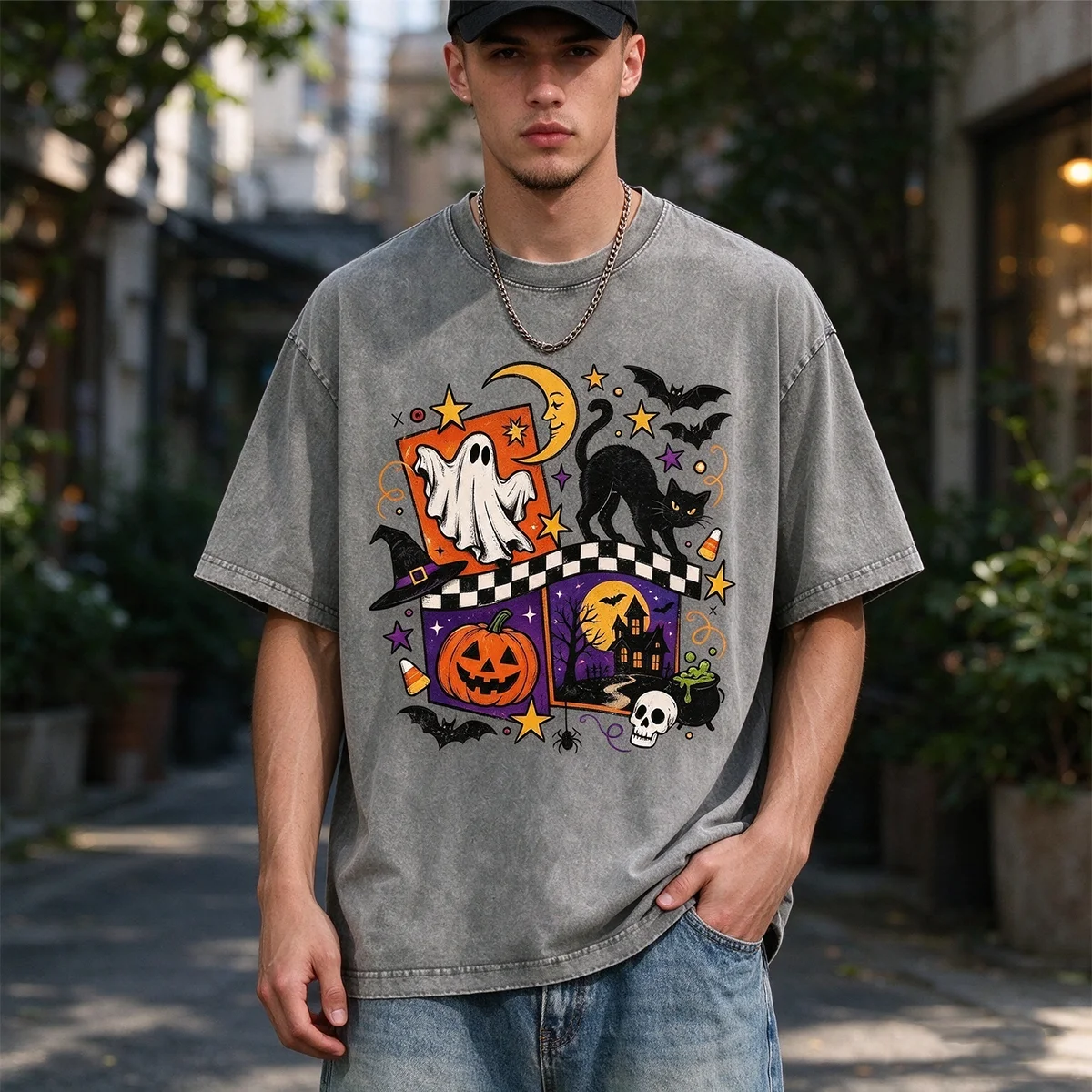 Unisex Vintage Washed Short Sleeve T Shirt Halloween Ghost Pumpkin Black Cat Graphic Tee Retro Spooky Season Casual Summer