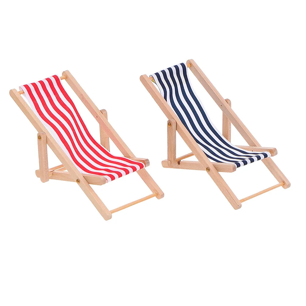 2Pcs Miniature Beach Chairs Foldable Wood Cloth Striped Design Wear-Resistant Lightweight Mini House Decoration Birthday Gifts
