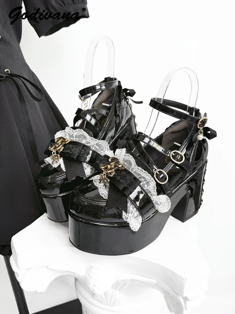 

Японские женские туфли-лодочки на высоком каблуке, новые осенние милые женские туфли на платформе в стиле Лолиты с бантом и кружевом, Мэри Джейн