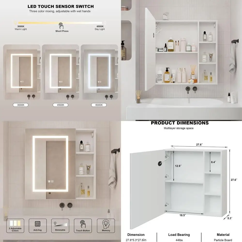 

Illuminated LED Mirror Medicine Cabinet, Wall-Mounted Storage for Bathroom, 28x28 Inches