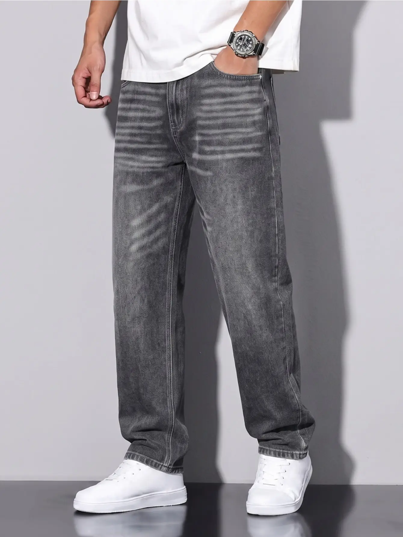 Aliexpress Men's Distressed Grey-Black Striped Straight-Leg Jeans – Vintage Faded Stretch Denim, Relaxed Casual Pants - Aliexpress Deal
