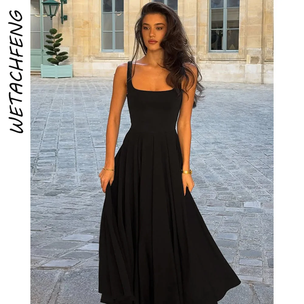 Verão feminino pescoço quadrado sem mangas preto plissado maxi vestido a linha elegante sexy bodycon grande balanço festa de férias roupas de verão