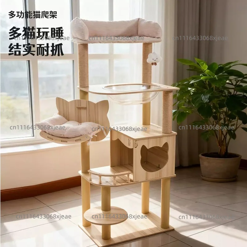 Tall Wooden Cat Tree Tower With Cat Condo Soft Plush Top Perch Multi Level Stable Climbing Furniture For Indoor Kitten Cats