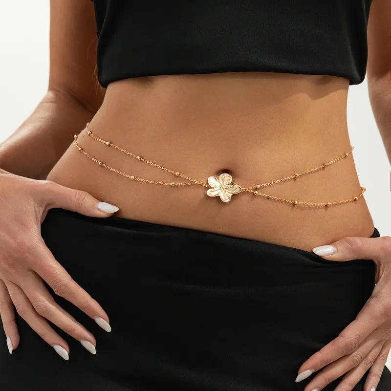 Exquisite Romantic Small Flower Metal Round Bead Chain Double-layer Waist Chain for Women Beach Vacation Sexy Body Jewelry Gifts