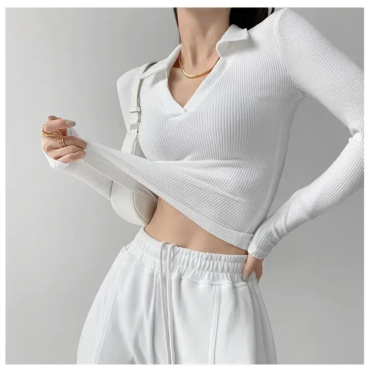 

Sexy V-Neck Slim Fitness Women's T-Shirt Fashion New Long Sleeve Polo Shirt Woman High Waist Cropped Tops