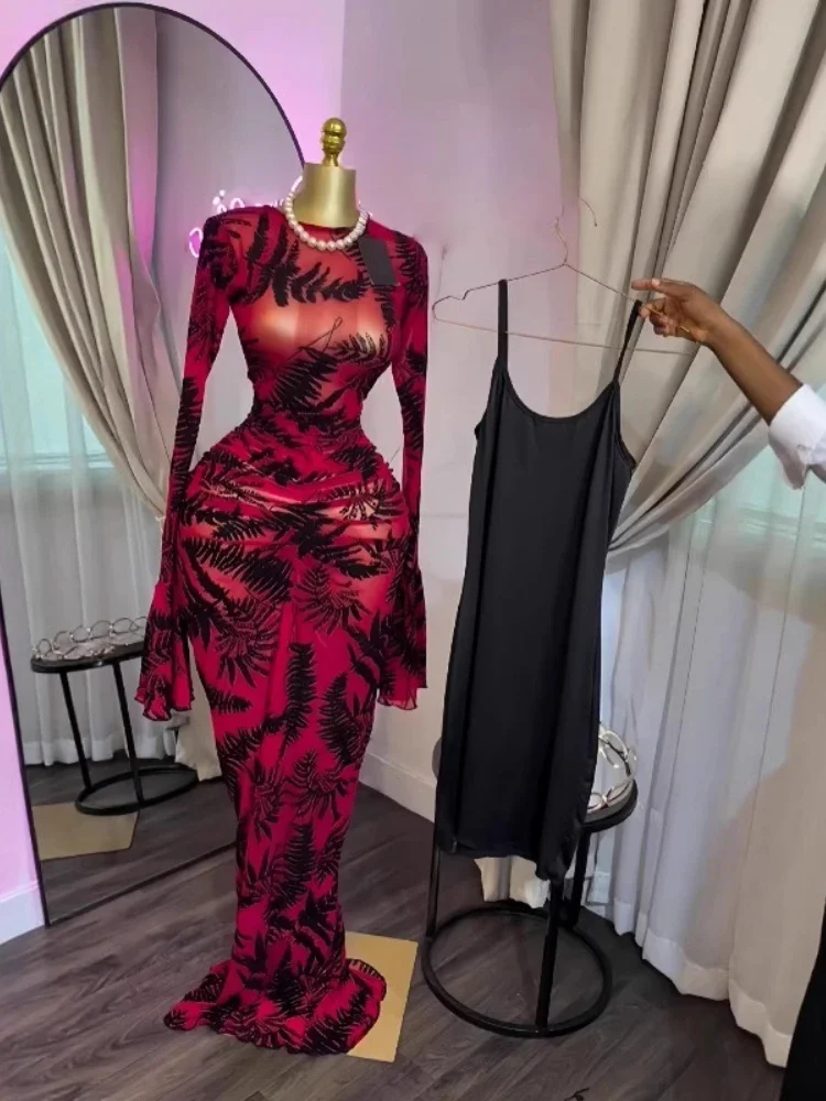 Sexy Women Floral Flare Long Sleeve Stacked Ruched Maxi Bodycon Midi Dress 2026 Parties Vacation Education Dresses Vestidos