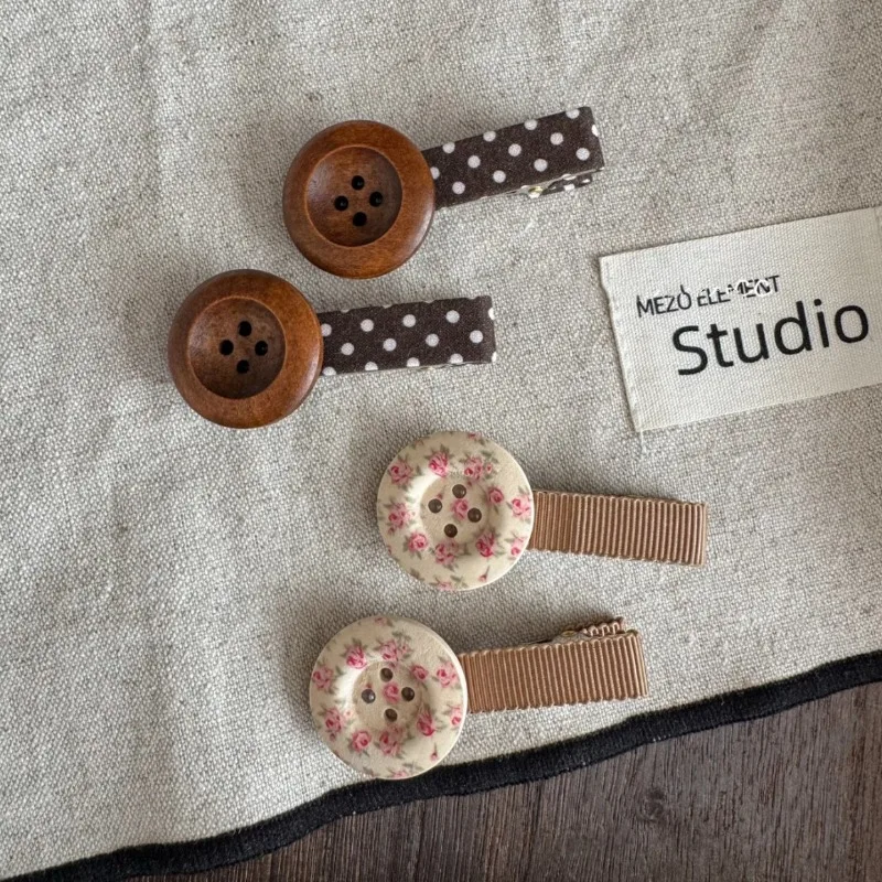 INS Vintage Button Hair Clips for Women Wooden Floral Barrettes Polka Dot Ribbon Details Hair Accessories Jewelry