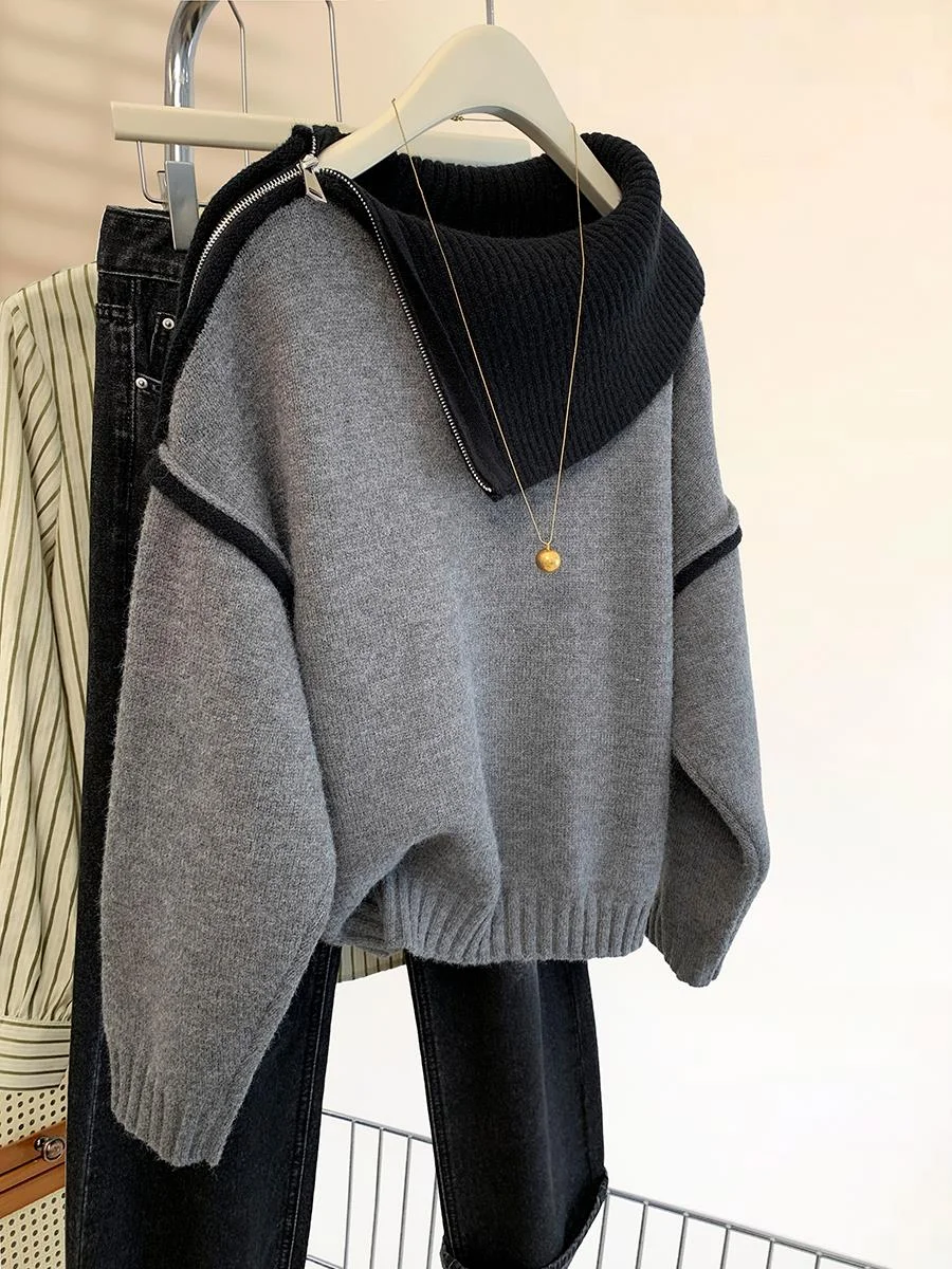 

Серый пуловер с отложным воротником нестандартной формы, женский осенне-зимний толстый новый вязаный топ контрастного цвета с длинными рукавами