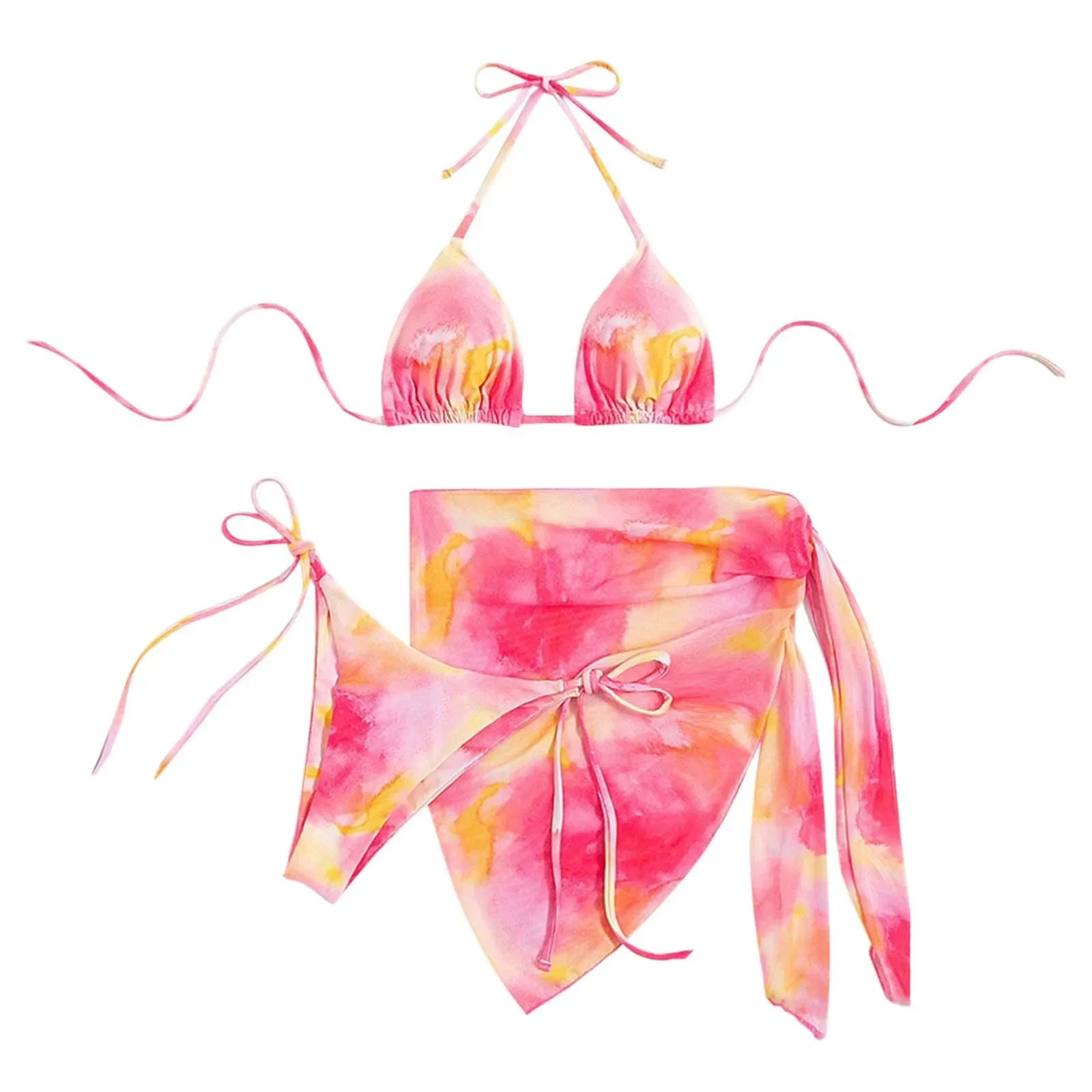 Damen-Bikini-Set mit Batikmuster, hängender Hals, rückenfrei, dünner Rock, Überwurf, Badebekleidung, sexy Schnür-Mikro-Badeanzug