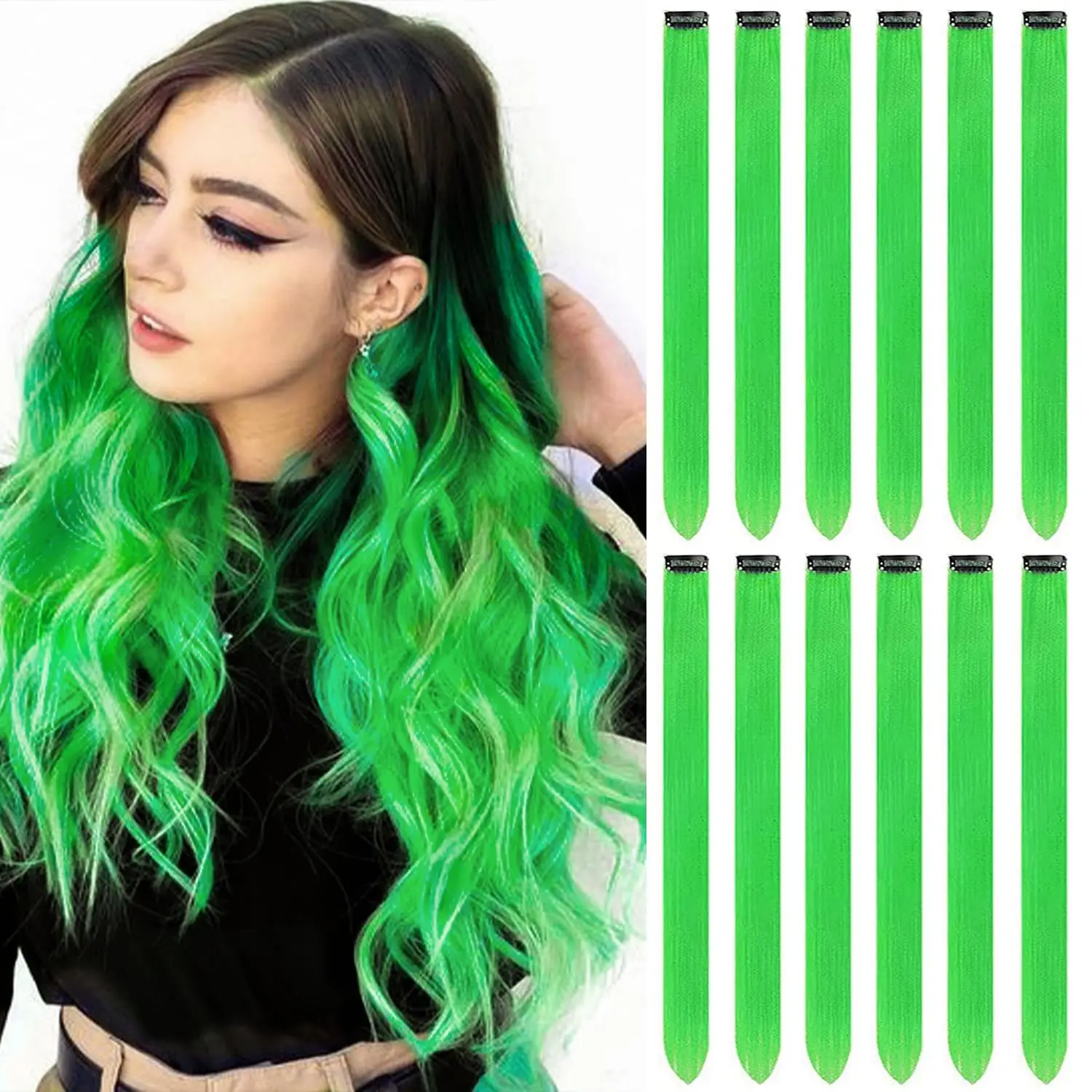 Straight Teal Blue Colored Highlights Synthetic Clip‑in Hair Extensions Hairpiece For Women, Daily, Party, Festival Use