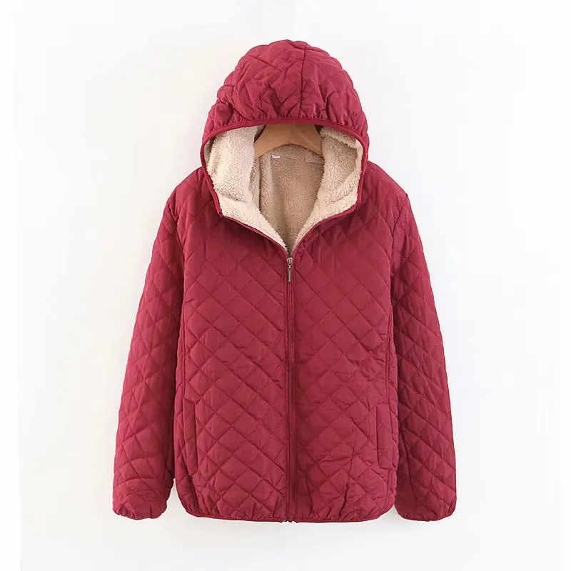 Women\'s Coat Fleece Warm Autumn Winter Hooded Zipper Jacket Plaid Slim Long Sleeve Solid Color Outerwear Female Quilted Coats