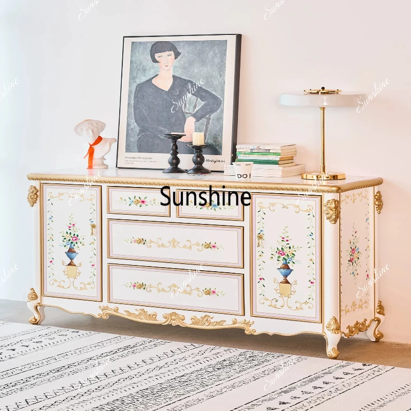 

European solid wood dining edge white gold painted porch drawer storage decorative cabinet