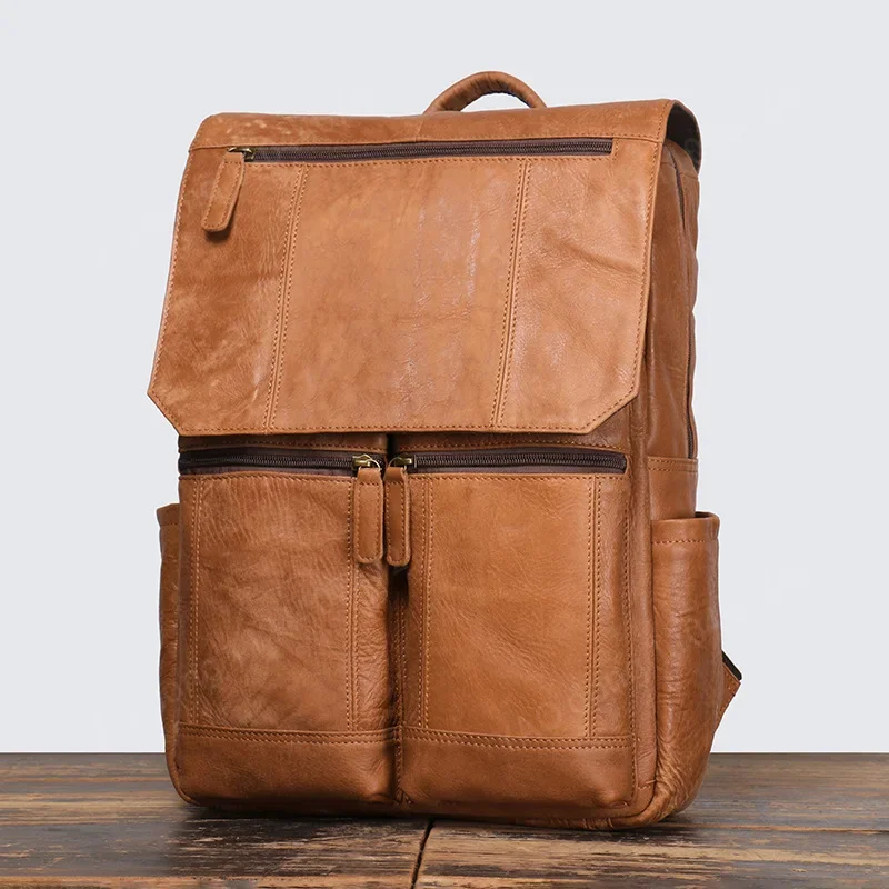 Yao Dong Leather Backpack Large Capacity Schoolbag Natural Cowhide Leisure Satchel Bag Men's Travel Backpack for 14 Inch Laptop