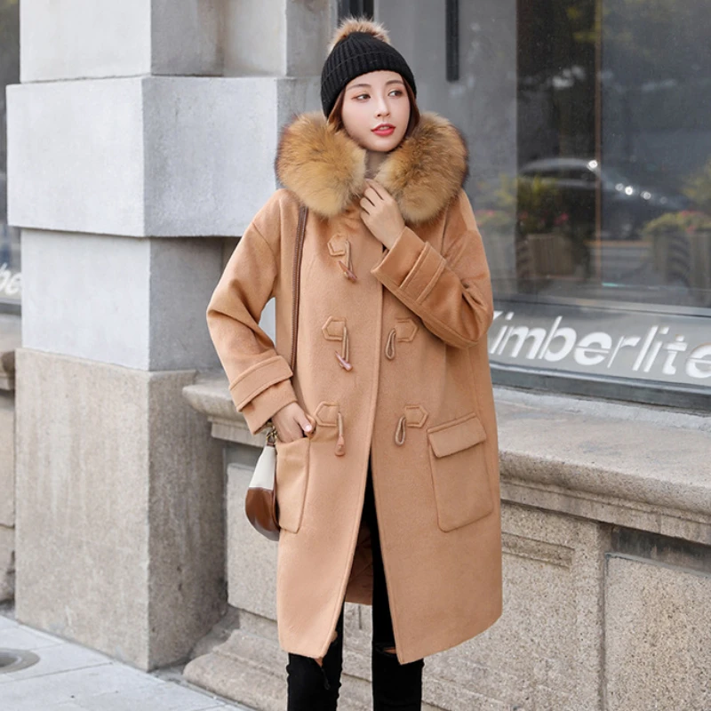 

2023 New Women Fashion Horn Button Raccoon Fur Collar Woolen Coat Winter Female Thicken Warm Loose Large Size Hooded Outwear