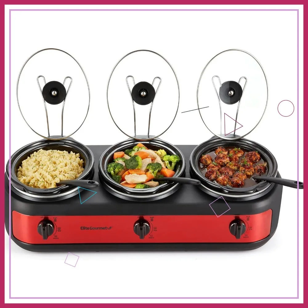 

3 x 2.5 Qt Triple Slow Cooker Buffet Server, Adjustable Temp, Dishwasher-Safe Oval Ceramic Pots, Lid Rests, Red