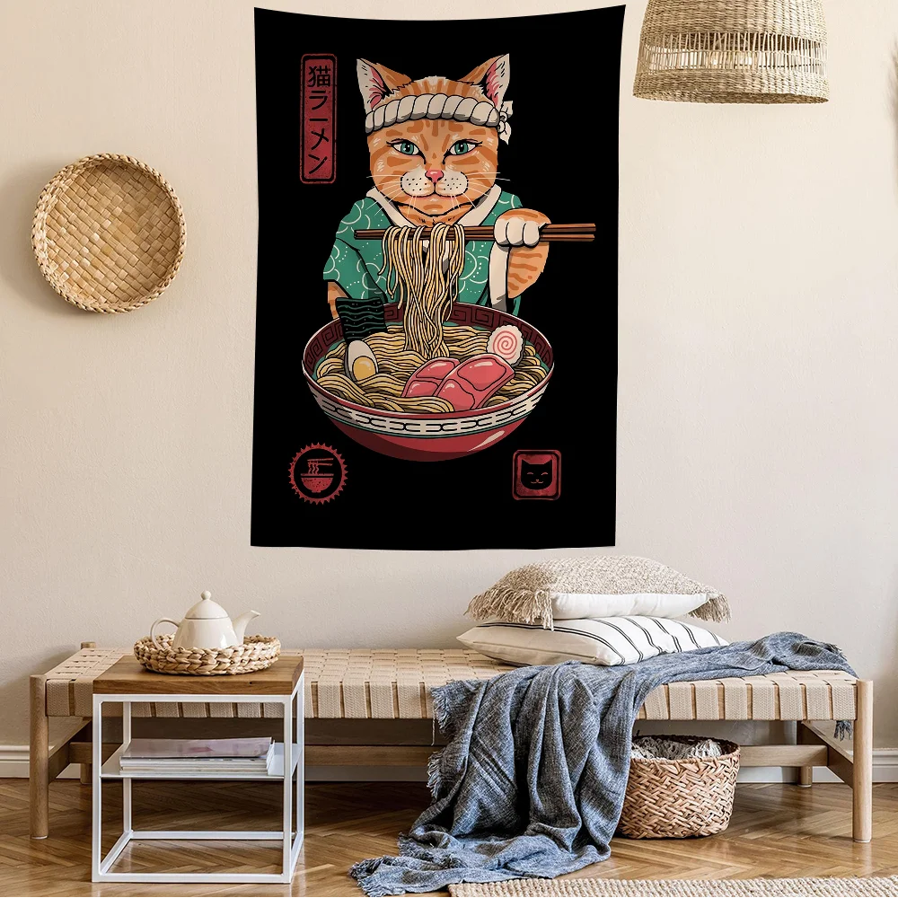 Cute Samurai Cat Anime Tapestry Cheap Hippie Wall Hanging Bohemian Wall Tapestries Mandala Home Decor