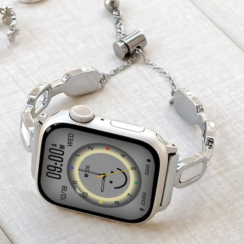 

Женский металлический ремешок для Apple Watch 10, ремешок 42 мм, 46 мм, 45 мм, 40 мм, 41 мм, 44/49 мм, стальной браслет с бриллиантами для iWatch Ultra 9/8/7/6