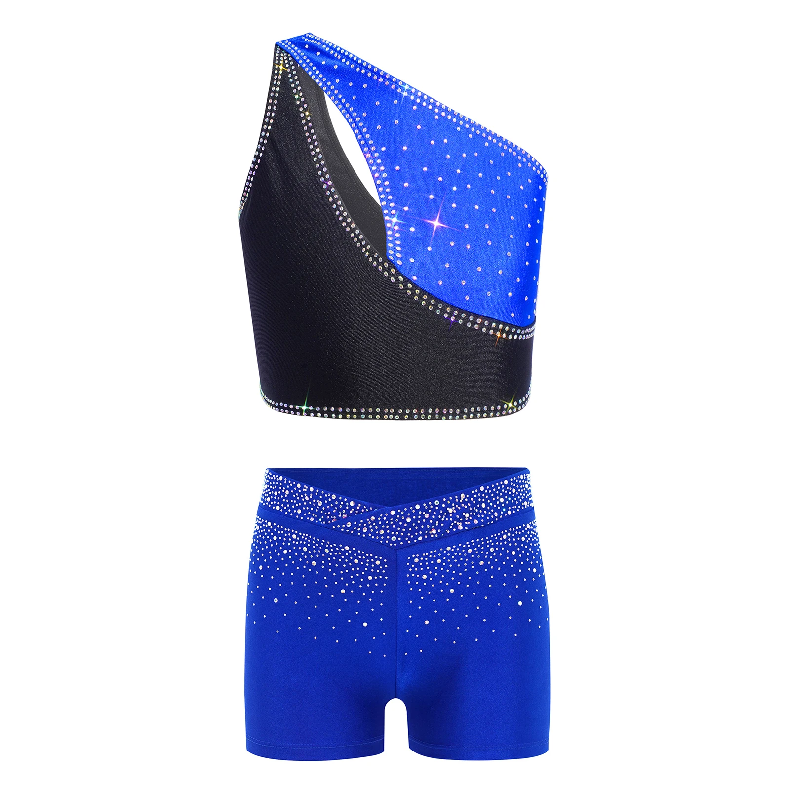 Kids Girls Athletic Figure Ice Skating Gymnastics Dance Outfit One Shoulder Sleeveless Ballet Dance Crop Top+Shorts 2-piece Sets