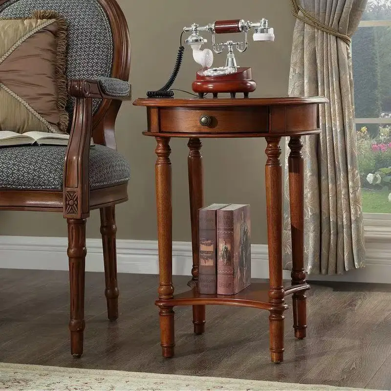 Vintage American Solid Wood Round Corner Side Table, European Sofa End Table Flower & Telephone Stand