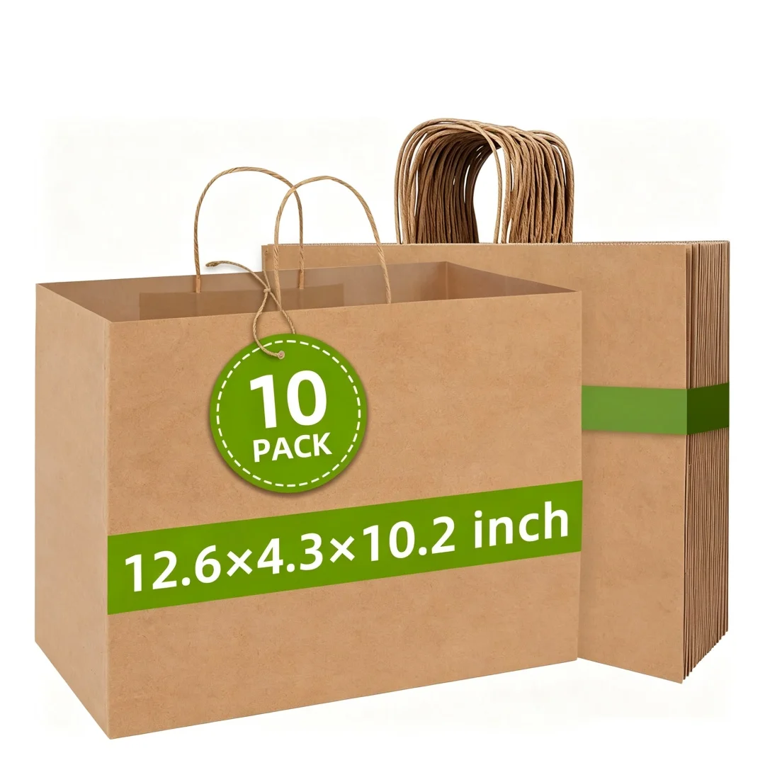 Papier-Einkaufstasche mit Griff, robuste Kraftpapier-Tasche zum Einkaufen, für den Einzelhandel, zum Mitnehmen und zum Tragen, 10er-Set – Detail 1