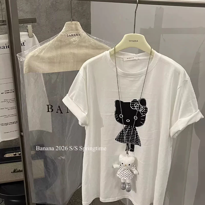 

Anime Oversized Hello Kitty Women's Print T-Shirt White Short Sleeve Cotton Tee Cute Cartoon Casual Streetwear Summer Girls Tops