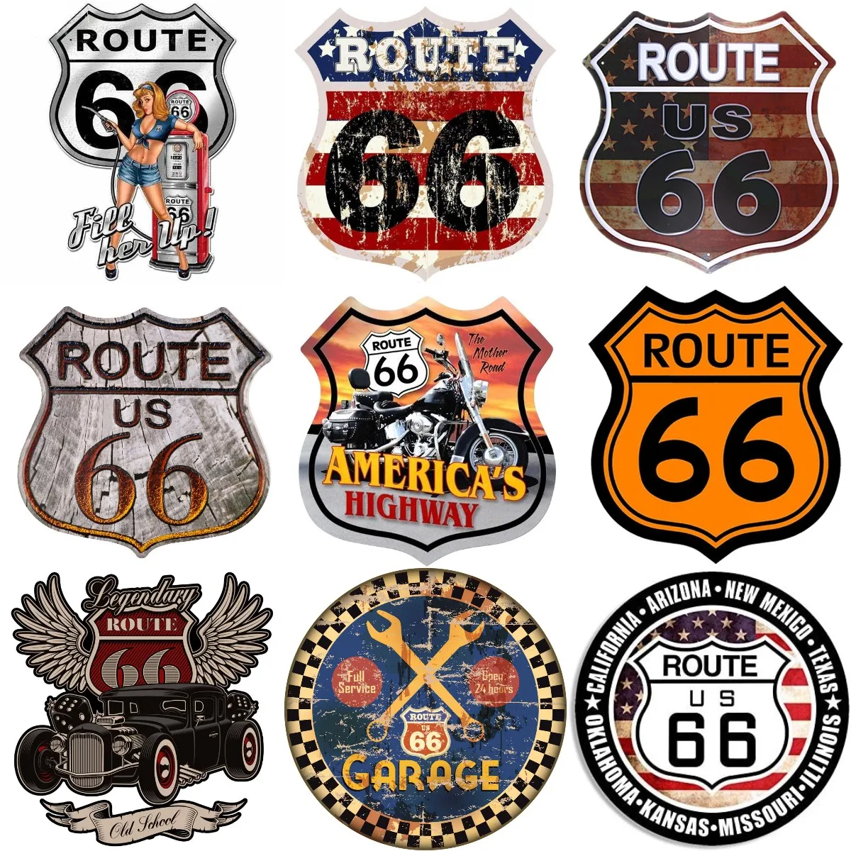 Route 66 Old School Style Creative Badge PVC Sticker for Decorate Wall Laptop Car Window Glass Motorcycle Decal Accessories