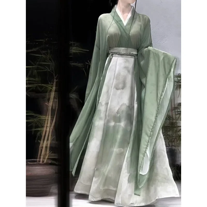 WeiJin musim gugur hijau Dinasti merah kerah silang dicetak lengan besar gaun putri Hanfu setelan gaun Cospaly Oriental wanita