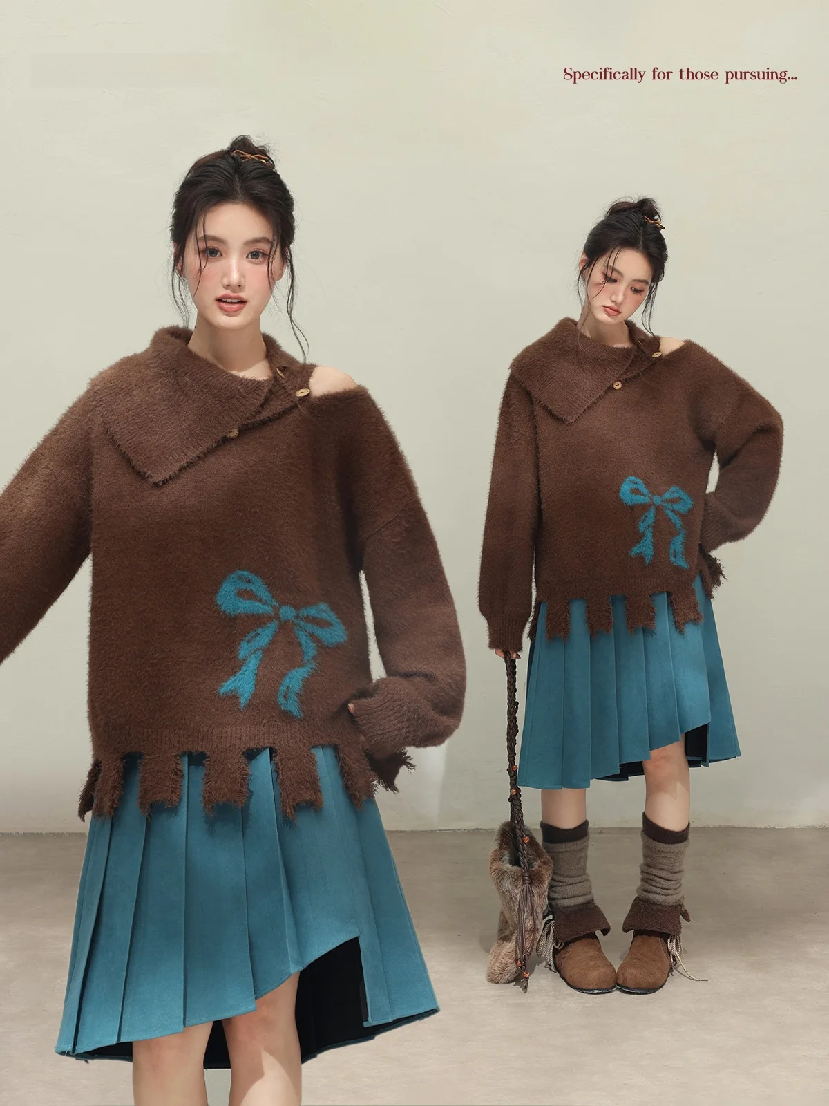 

Large Size Women's Sweater Set "Moka Warm Brown" Versatile Casual Sle Polyester Fiber Long Sve round Ne Design for Aut...