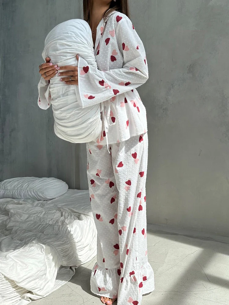 Linad Print Pajamas For Women 2 Piece Sets Cotton Long Sleeve Sleepwear Female Casual Trouser Suits Autumn Fashion Nightwear