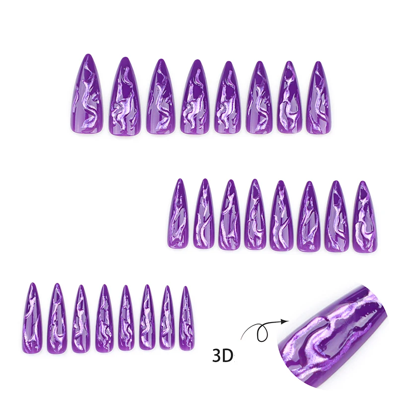 24Pcs Halloween Fake Nail Purple Magic Mirror Powder 3D Press on Nail Long Pointed Style European and American False Nail