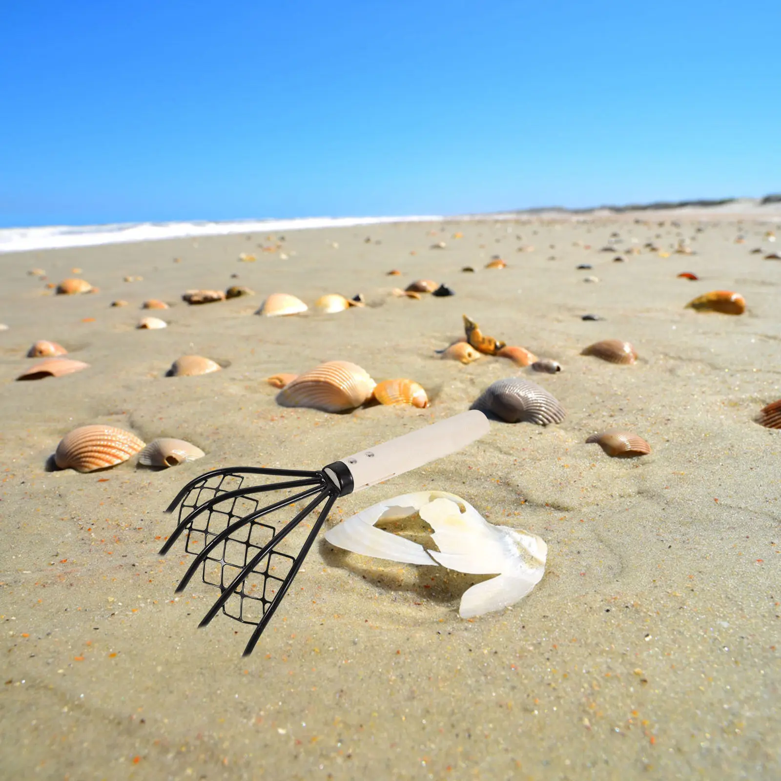 Clam Digging Tool Metal Claw Rake with Wooden Handle Mesh Screen for Beach Shellfish Harvesting