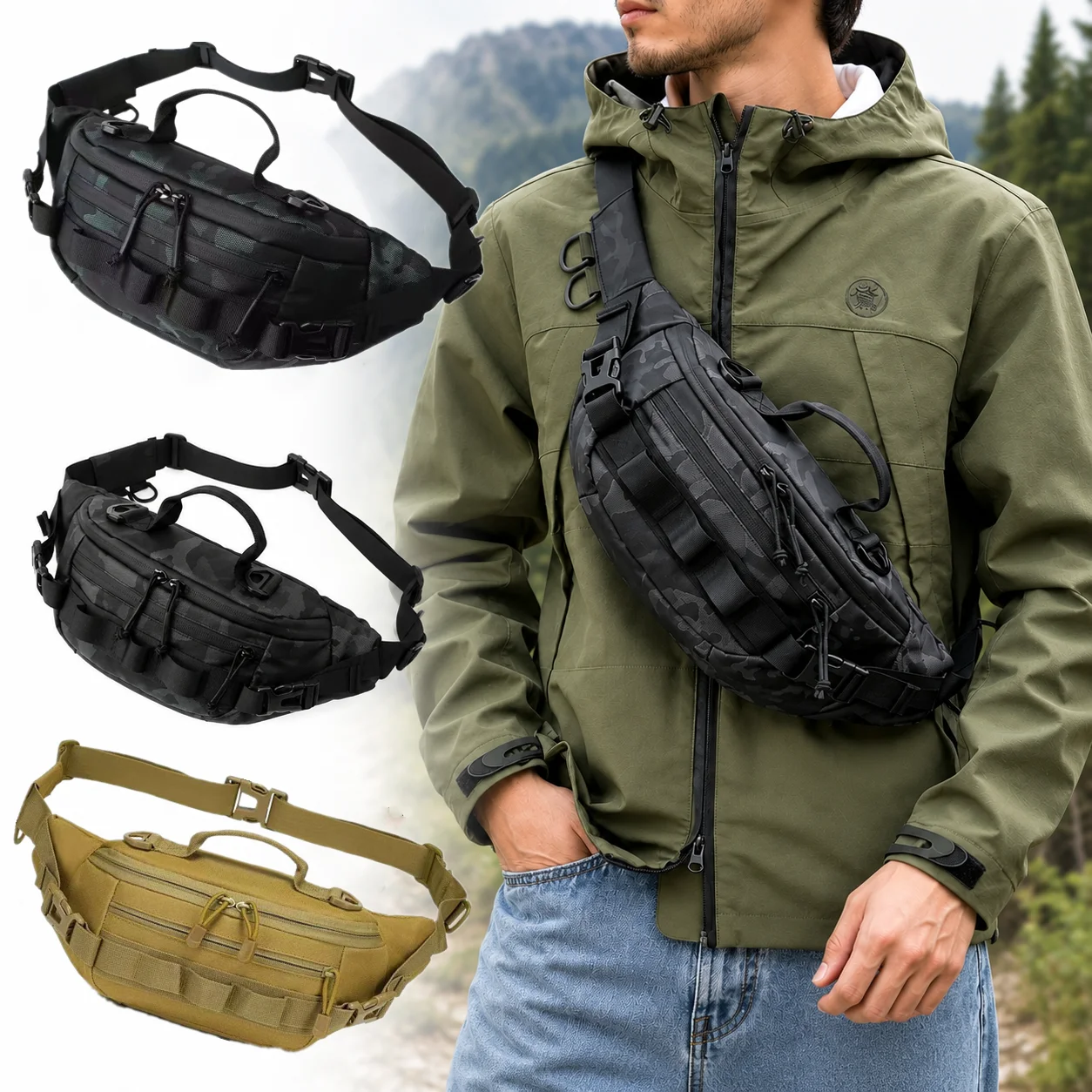 Taktische Hüfttasche, Sling Bag für Herren, Moto MTB Fahrrad-Hüfttasche, Outdoor Wandern, Camping, Angeln, EDC Handy Reise-Bauchtasche