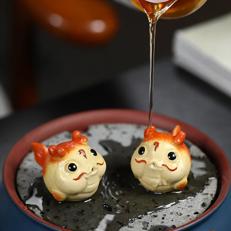 Chinese Yixing Purple Clay Tea Pet Handmade Cute Dragon Statue Ornaments Desktop Decors Tea Figurine Crafts Tea Set Decoration