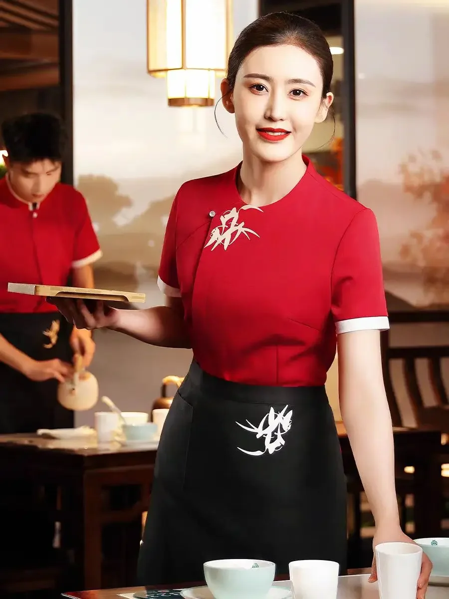 New Chinese Waiter Work Clothes Short Sleeve Hotel Restaurant Staff Summer Female Top and Apron Set Hotpot Waitress Uniform