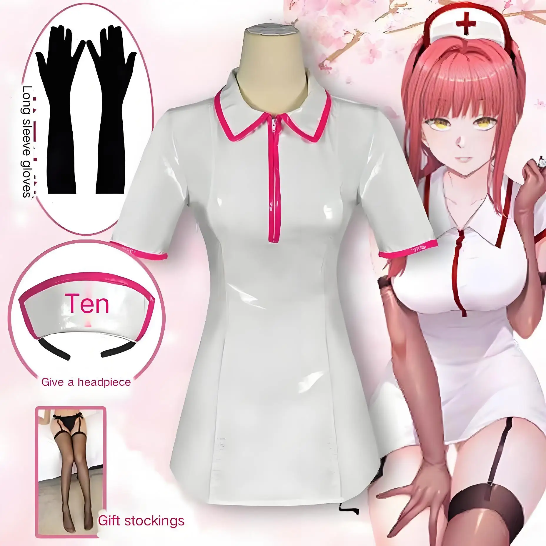 

Anime chainsaw cosplay costume Makima Power sexy nurse uniform PU leather dress set wig women Halloween cosplay set