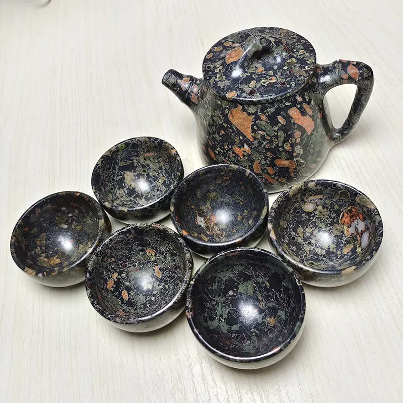 Natural Plum Blossom Jade Tea Set 1 Teapots 6 Teacups Magnetic Stone Health Gongfu Teaware Genuine Jades Stone Kung Fu Teasets