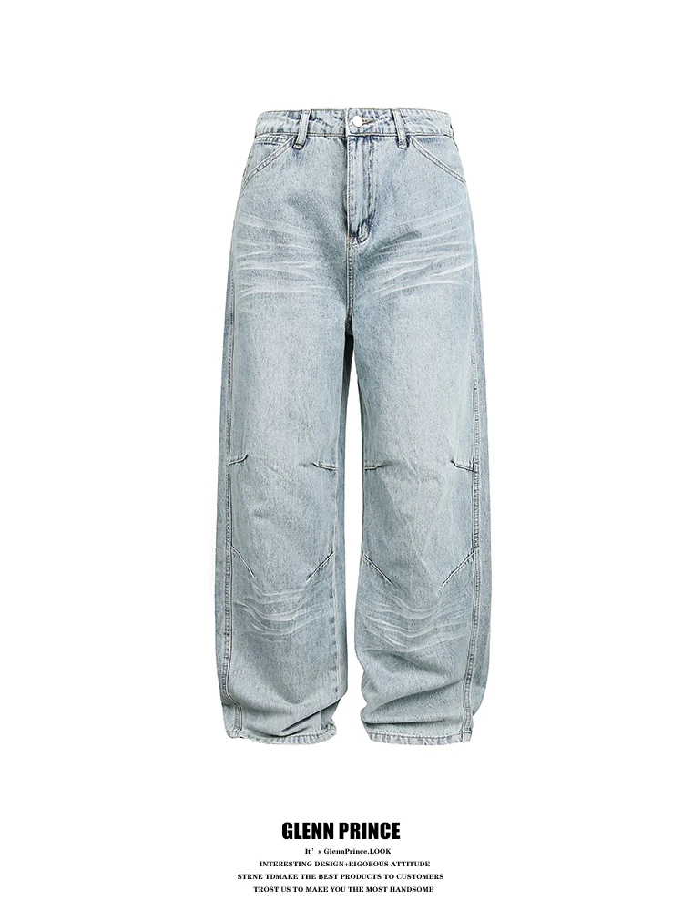 

Retro American Washed Bamboo Pattern Men's Jeans Trendy Design Wide Leg Floor-Length Casual Straight Cut Cotton Denim