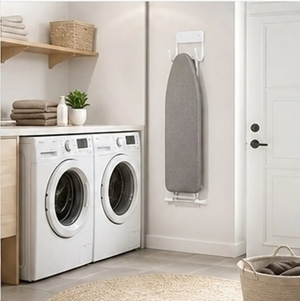 Space Saving Ironing Board Wall Rack Modern White Iron Board Holder for Laundry Room Iron Organization Wall Mounted Storage