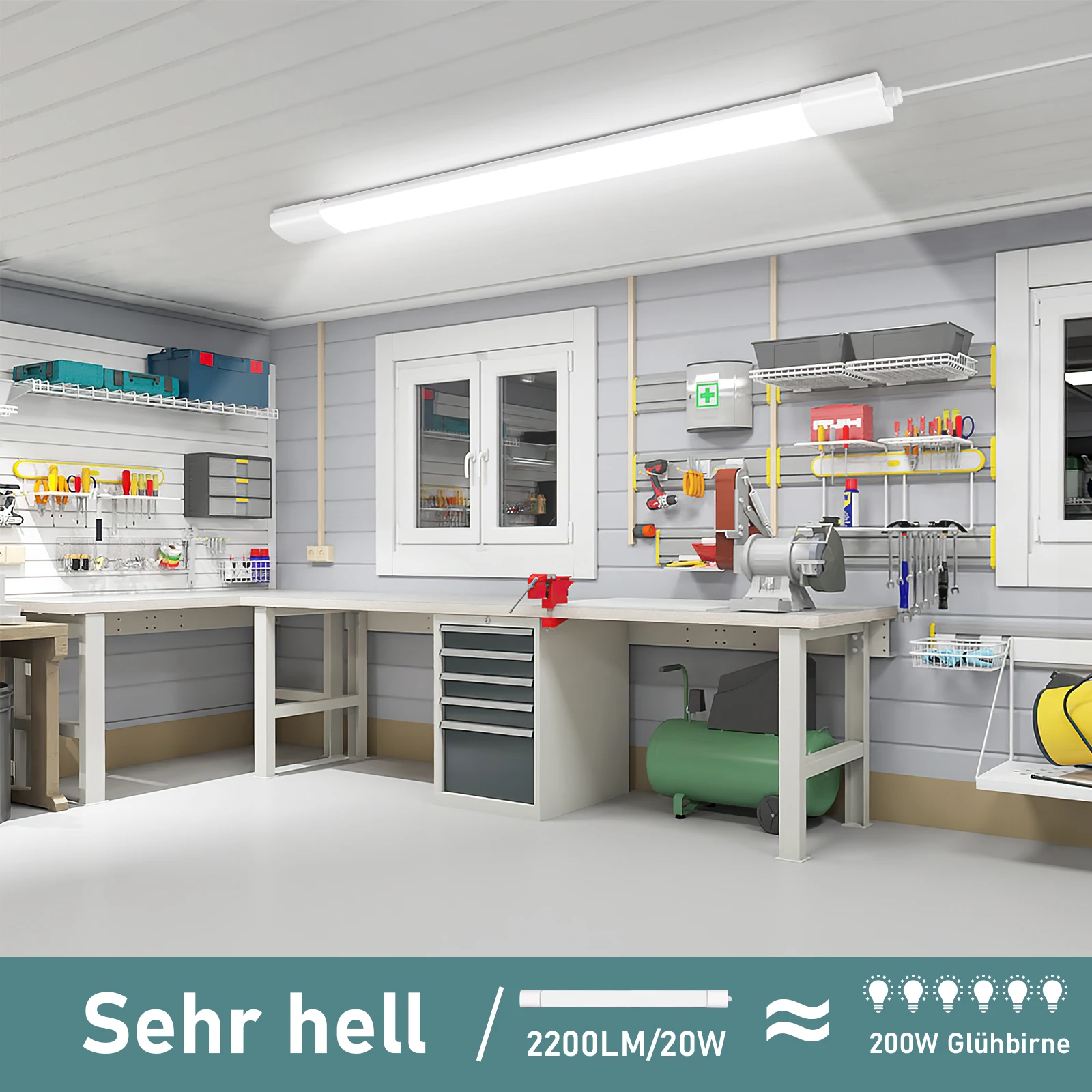 60 cm LED-Nassraumleuchte, 20 W, 2200 lm, 4000 K Neutralweiß, IP66, verknappbare Deckenleuchte für Badezimmer, Garage, Küche, Keller – Detail 2