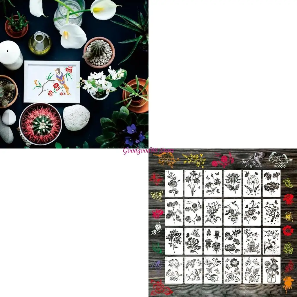

Reusable PET Drawing Stencils Flower Bird Stencils for DIY Drwaing Scrapbooking