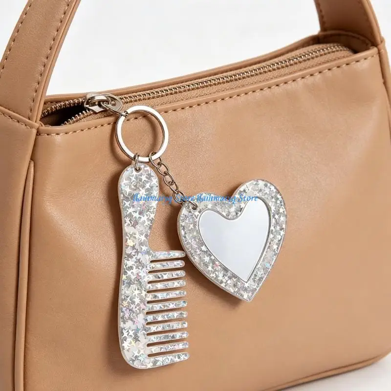 573B Compact Acetate Mirror Comb Bag Charm Keyring for Everyday Purse Carry
