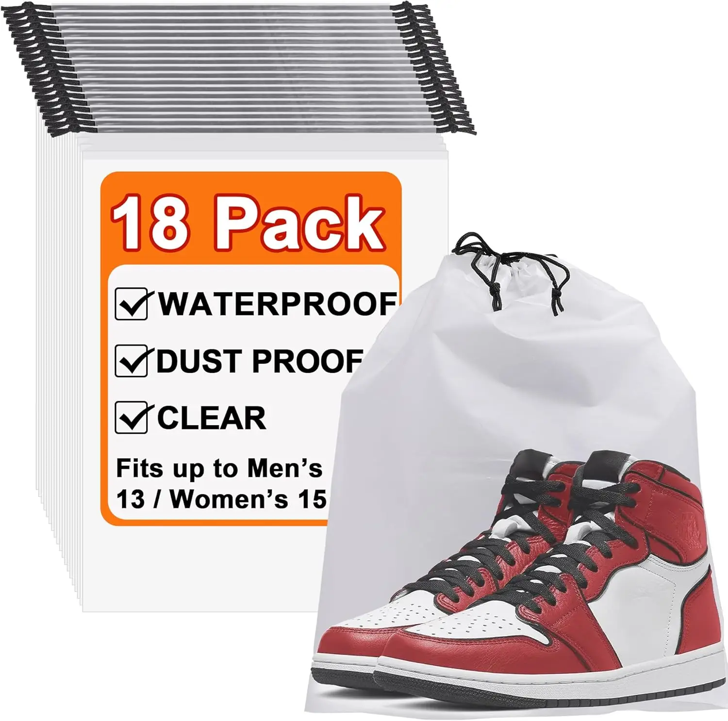 

18 Pack Clear Travel Shoe Bags, Water-Resistant PEVA Drawstring, Fits Men's 12-13, Reusable Storage for Luggage