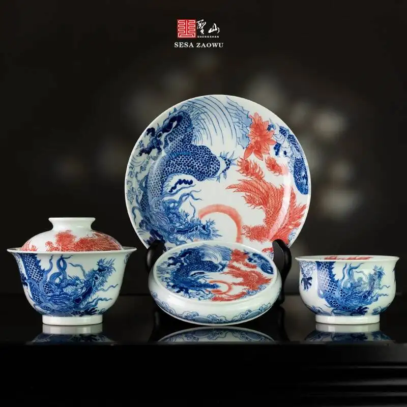 Sacred Mountain Antique Blue White Dragon And Phoenix Auspicious Hand-Painted Ceramic Underglaze Handmade Gaiwan Tea Cup Set