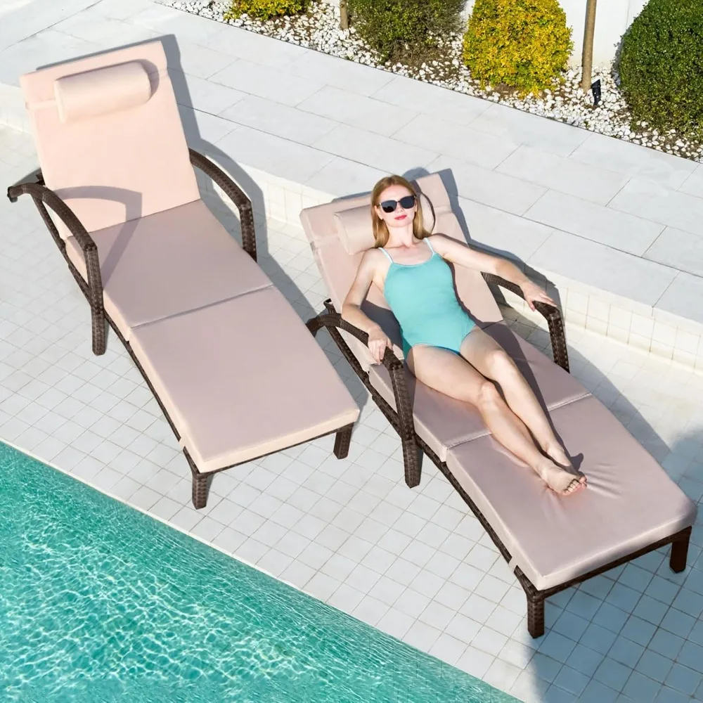 Chaise Lounge Chairs Outdoor Set of 2, Comfy Outside Wicker Patio Pool Lounge Chair w/ 5 Adjustable Back Angle, Cup Holder, Thic